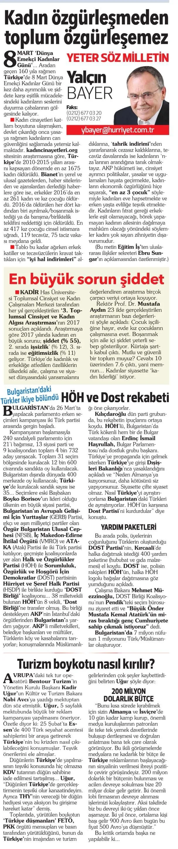 Kadın Özgürleşmeden Toplum Özgürleşemez-Yalçın Bayer-Hürriyet-8 Mart 2017 | EĞİTİM İŞ