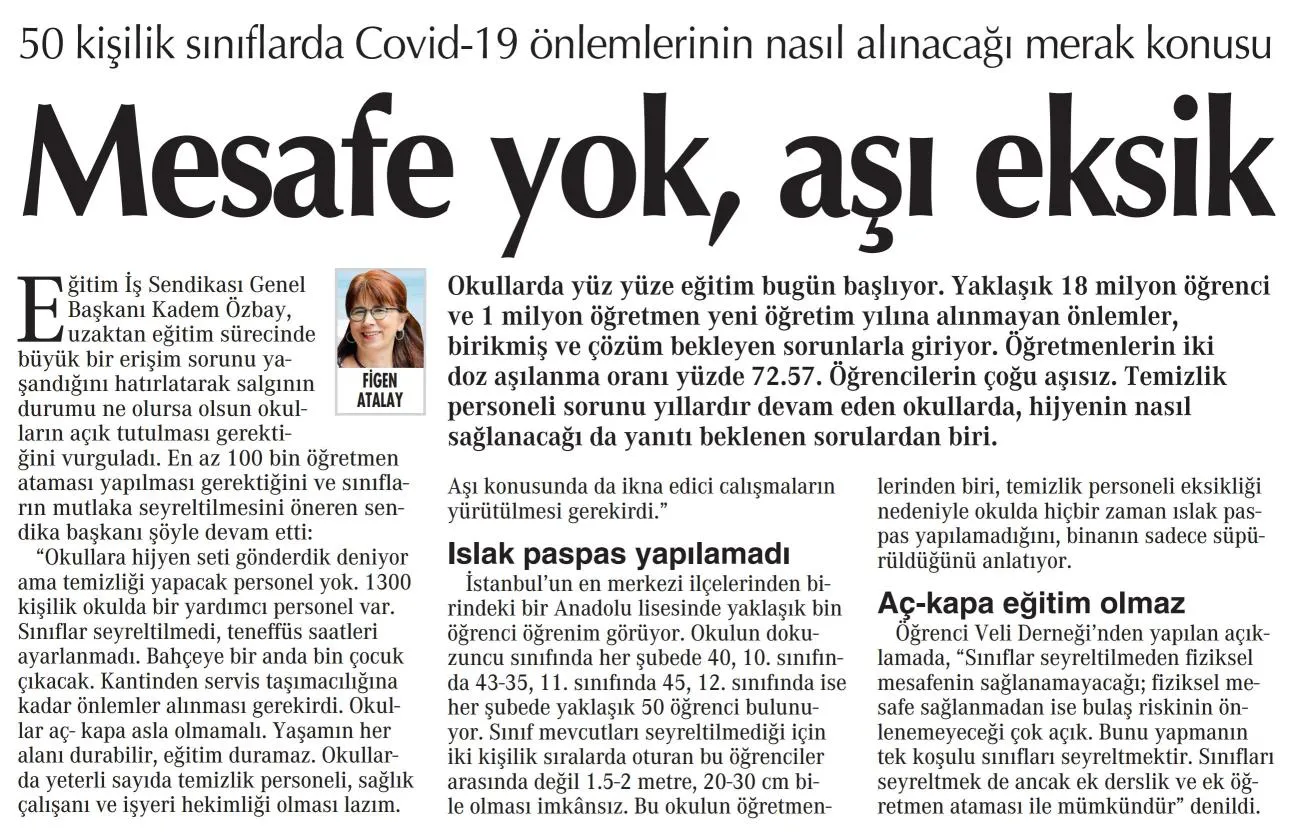 Mesafe Yok Aşı Eksik-Cumhuriyet Gazetesi-06/09/2021 | EĞİTİM İŞ