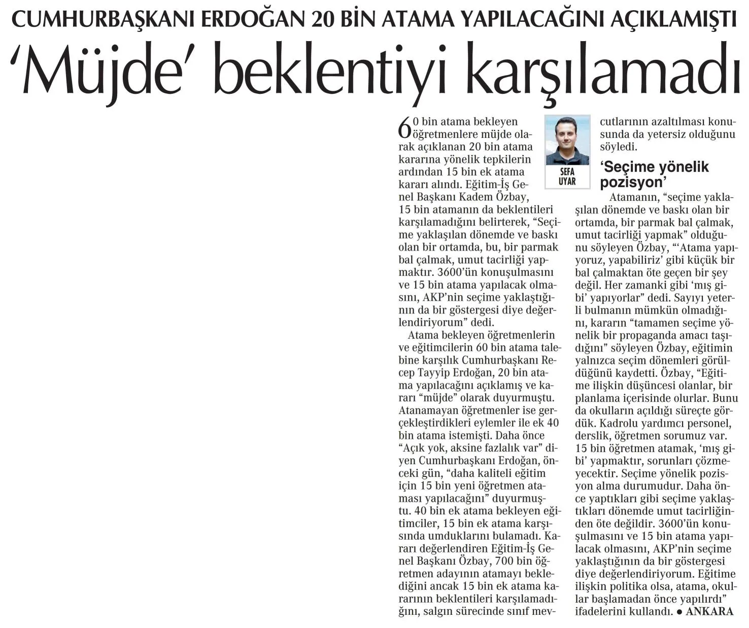 Müjde Beklentiyi Karşılamadı-Cumhuriyet Gazetesi-10/09/2021 | EĞİTİM İŞ