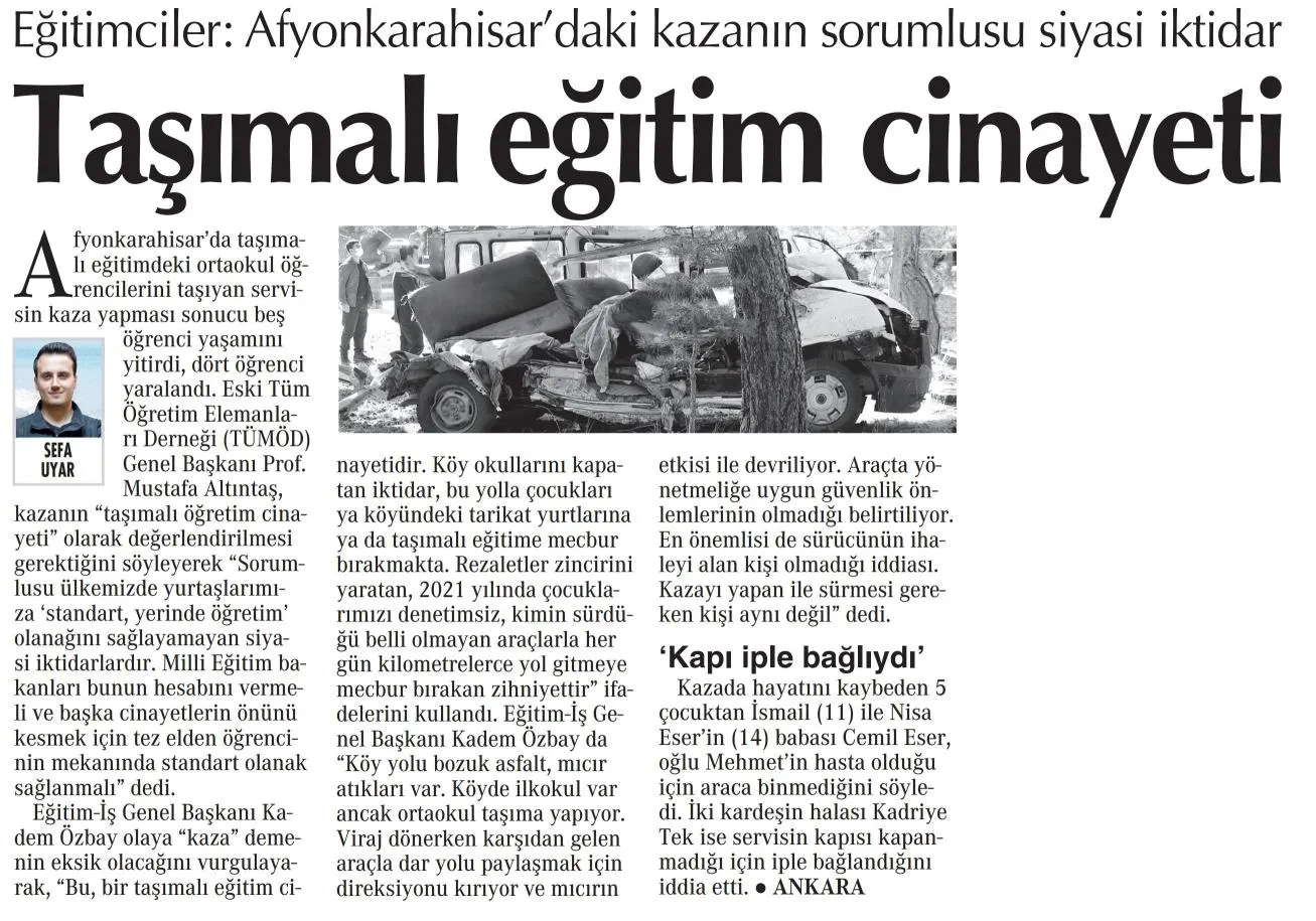 Taşımalı eğitim cinayeti-Cumhuriyet gazetesi-13/10/2021 | EĞİTİM İŞ