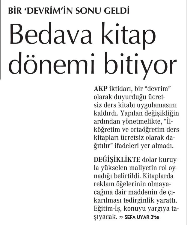 Bedava kitap dönemi bitiyor-Cumhuriyet gazetesi-16/10/2021 | EĞİTİM İŞ