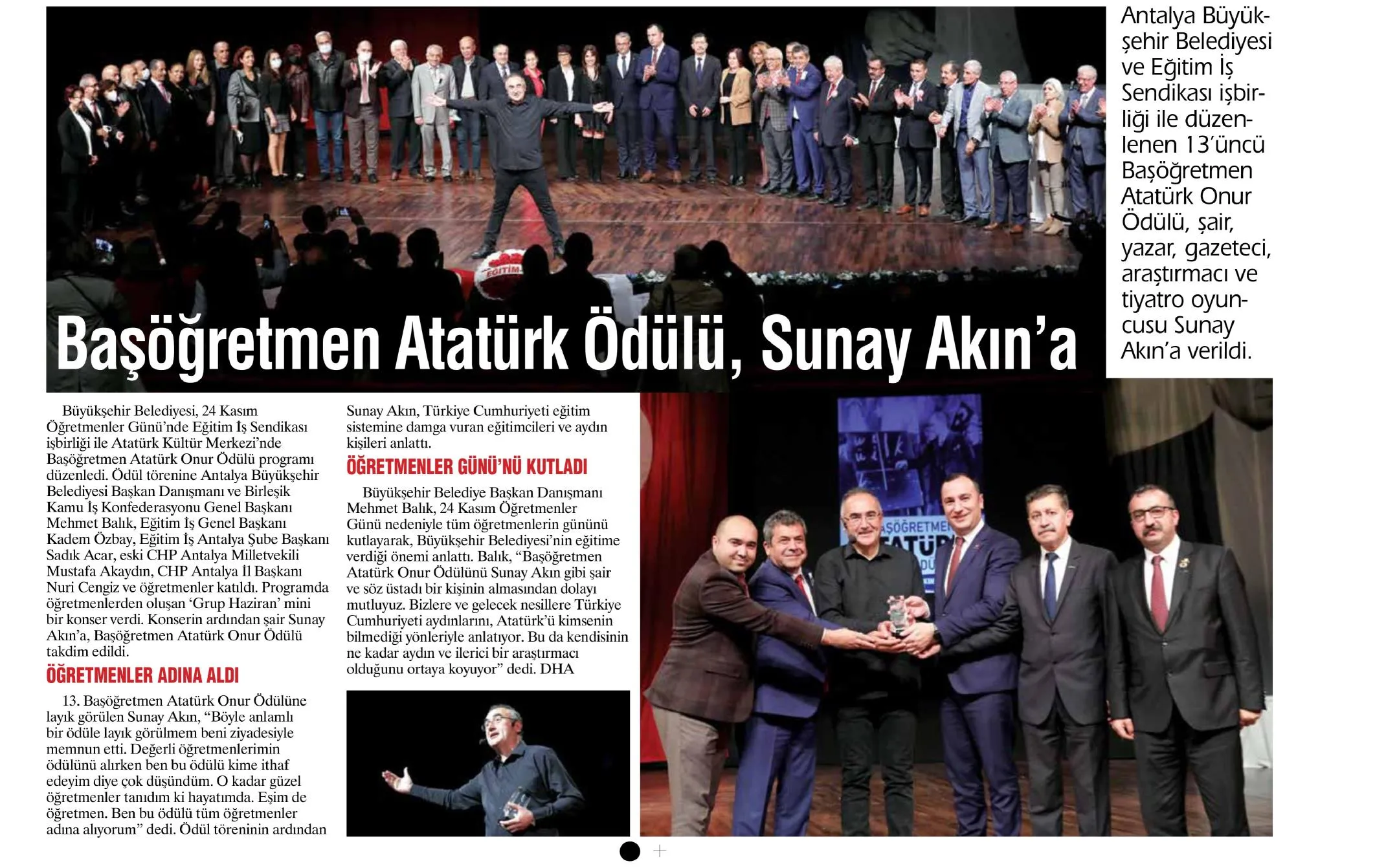 Başöğretmen Atatürk Onur Ödülü Sunay AKIN`a-Antalya İleri Gazetesi-26/11/2021 | EĞİTİM İŞ