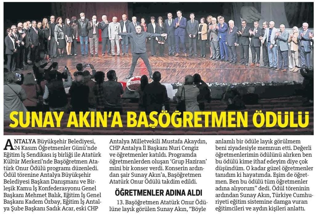 Sunay Akın`a Başöğretmen Atatürk Onur Ödülü-Hürriyet Akdeniz-26/11/2021 | EĞİTİM İŞ