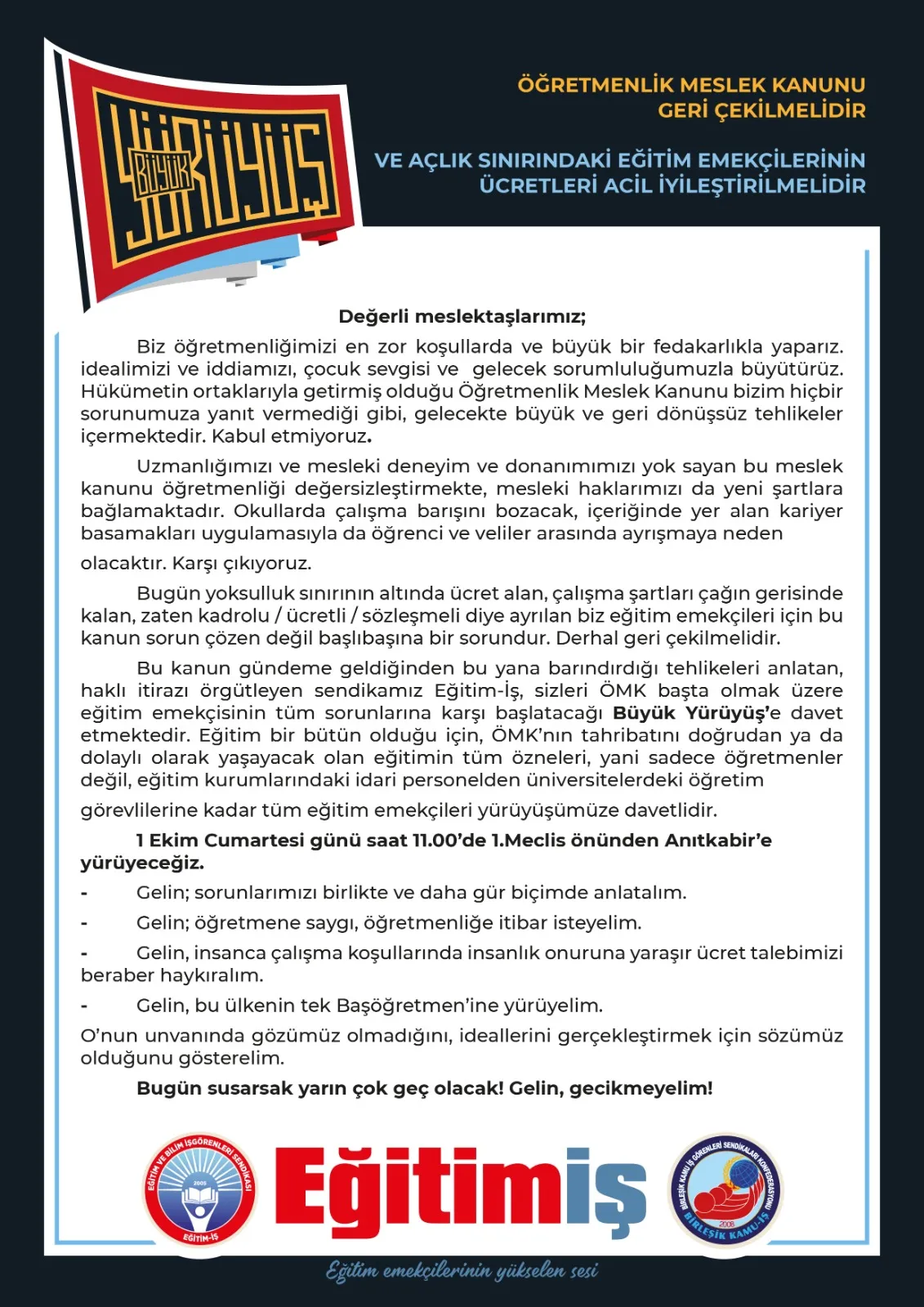 1 Ekim Büyük Yürüyüş Çağrı Metni  | EĞİTİM İŞ