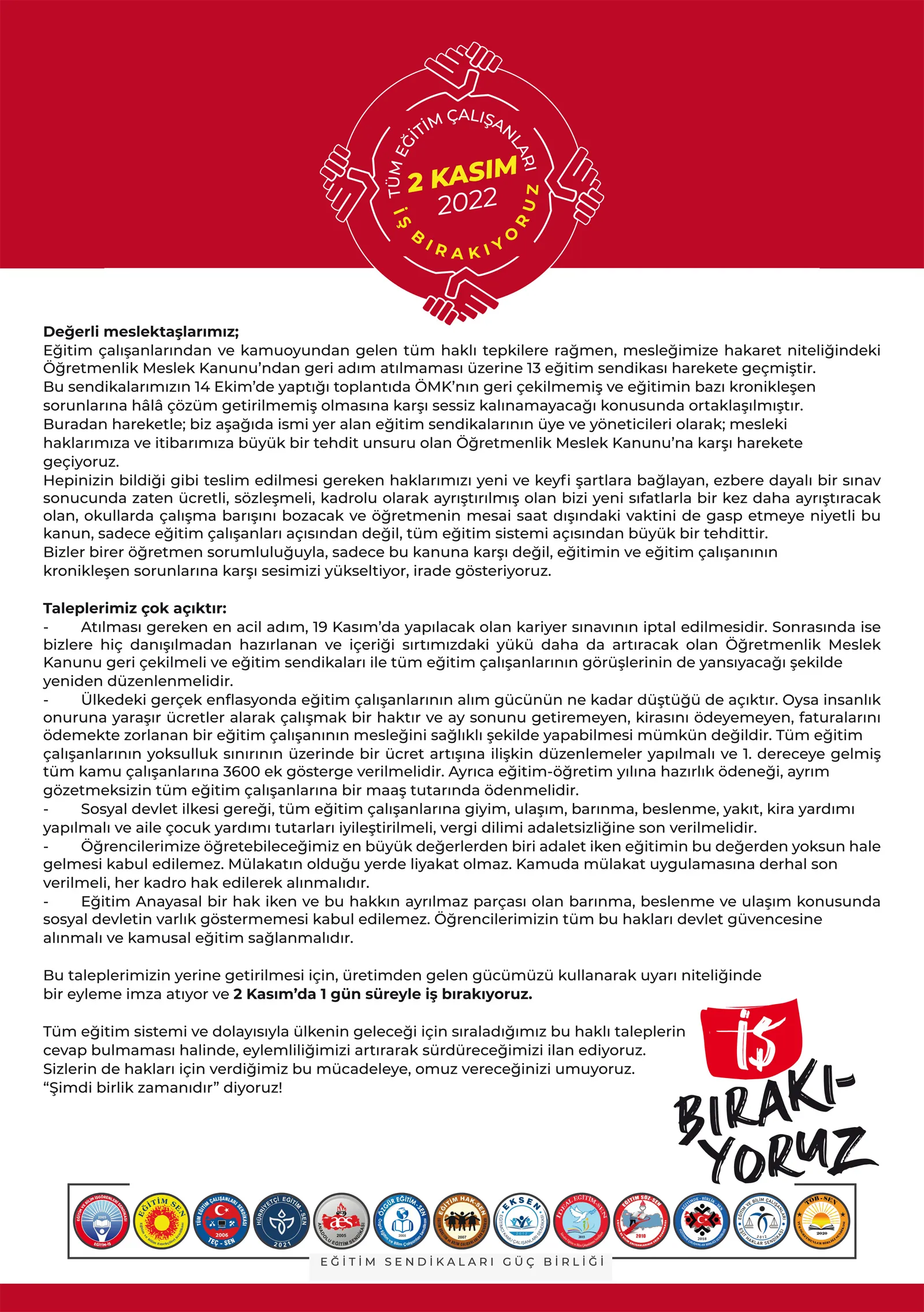 2 Kasım İş Bırakma-Ortak Metin | EĞİTİM İŞ