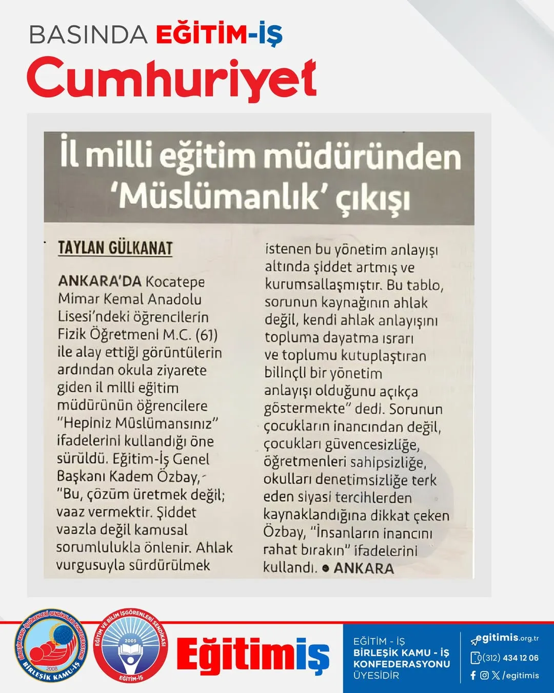 İl milli eğitim müdürlüğünden 'Müslümanlık' çıkışı | EĞİTİM İŞ