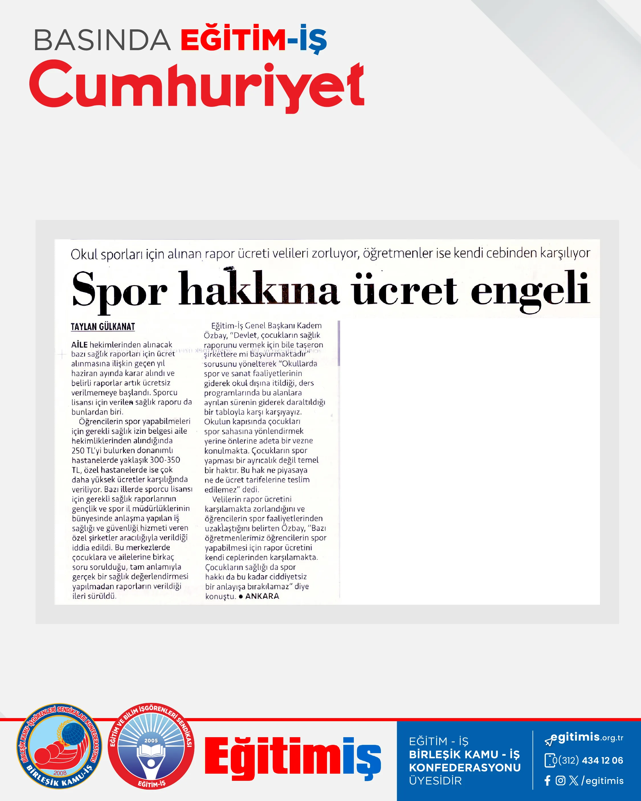 Spor hakkına ücret engeli | EĞİTİM İŞ