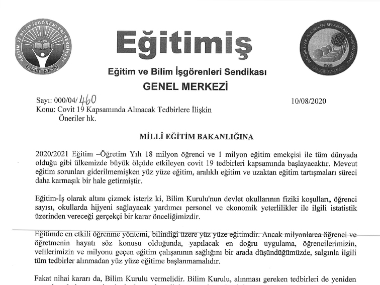 COVİD-19 KAPSAMINDA ALINACAK TEDBİRLERE İLİŞKİN ÖNERİLER HAKKINDA | EĞİTİM İŞ