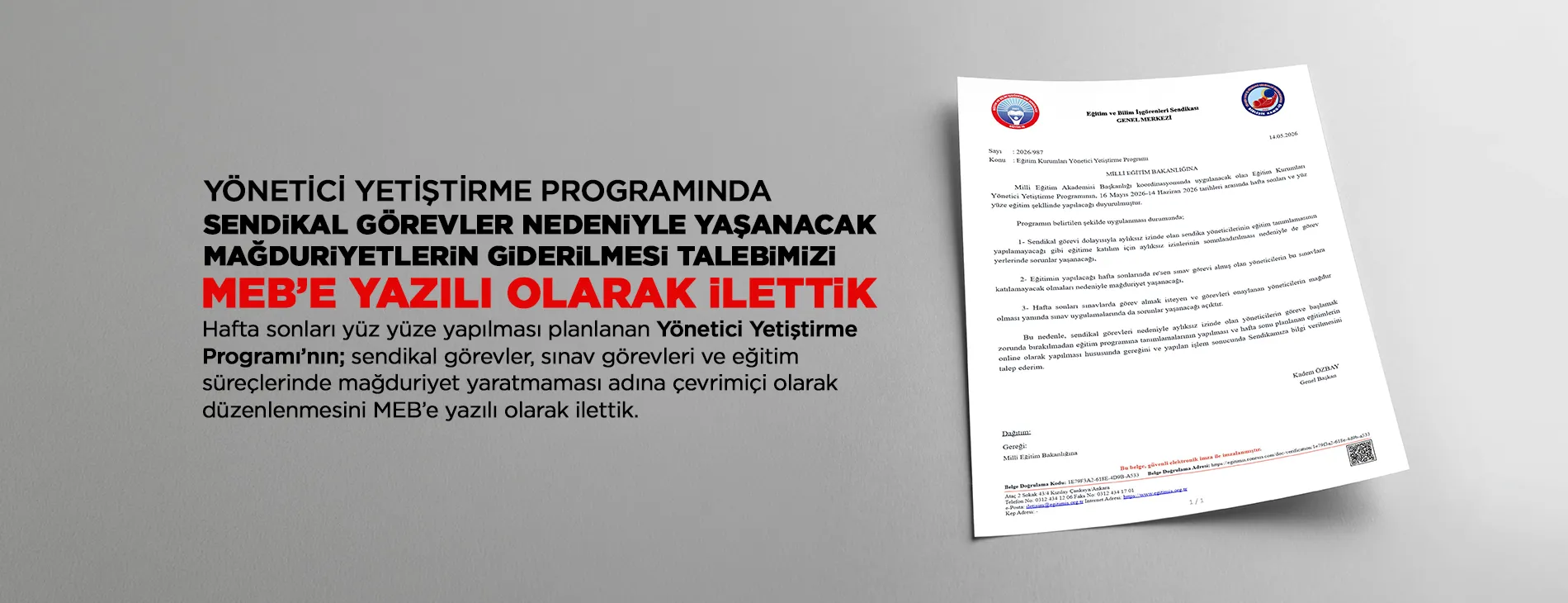 YÖNETİCİ YETİŞTİRME PROGRAMINDA SENDİKAL GÖREVLER NEDENİYLE YAŞANACAK MAĞDURİYETLERİN GİDERİLMESİ TALEBİMİZİ  MEB’E YAZILI OLARAK İLETTİK  | EĞİTİM İŞ